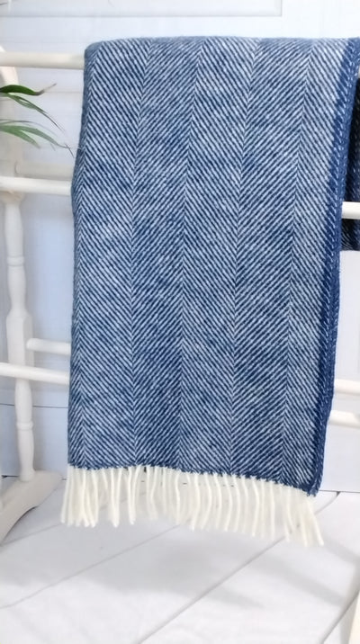 Dark Blue Herringbone Wool Throw